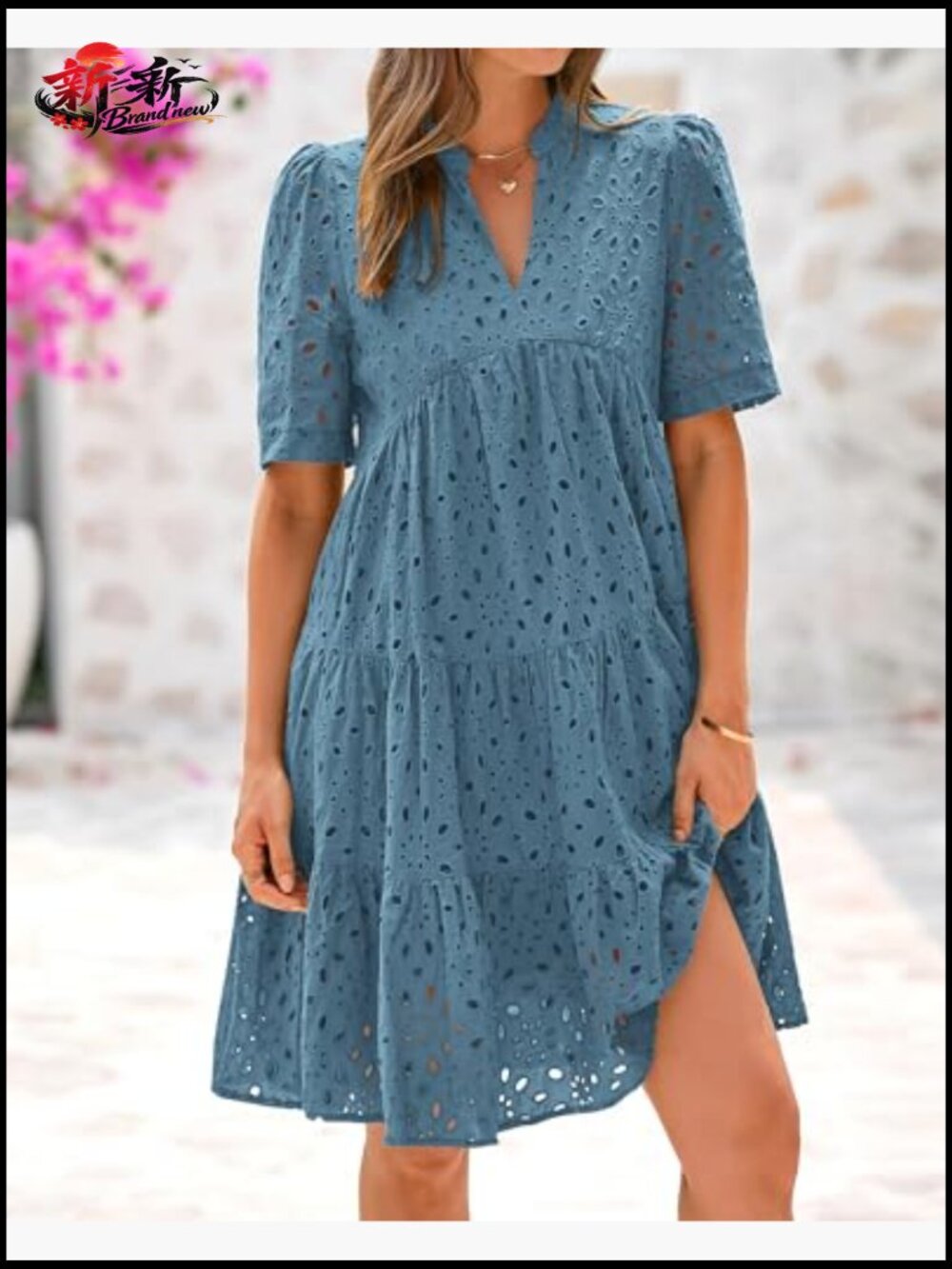 Boho V-Neck Mini Dress Short Sleeve Hollow Out Lace Ruffle Casual Beach - Picture 4 of 7